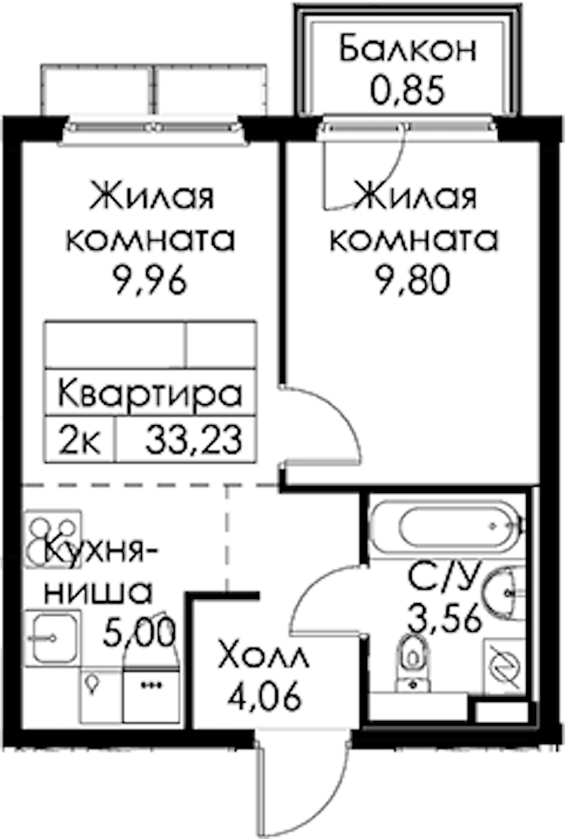 1-комнатная квартира 33.23 м², 5/15 эт., ЖК «Янинский лес»